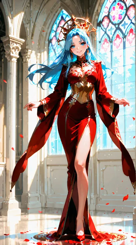 A young, sexy woman is alone in a majestic stained glass church。( Masterpiece,  top quality,  very detailed depiction,16k, dancing gracefully drawn by a professional illustrator, High quality anime picture ),
( traditional Venetian carnival red costume wit...