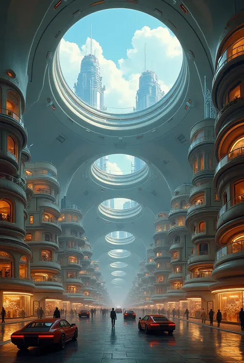 "A futuristic city inside a massive dome, with multiple interconnected domes resembling a beehive structure. The architecture inside the domes varies by social class: the wealthy areas have sleek, modern, and sophisticated buildings with clean lines and lu...