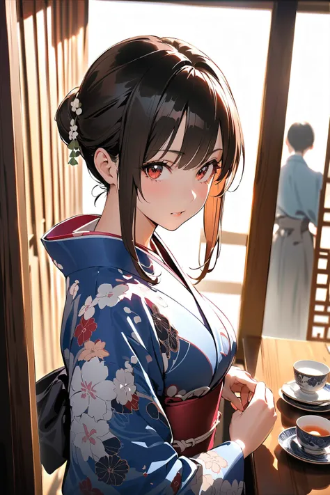 1 gentlewoman, (beautiful face), 30 years old, (shocked expression), (wearing colorful kimono:1.2), medium breasts, graceful stance, 
BREAK 
Japanese tea room, (omiai setting:1.4), decorative folding screens, tea set, unexpected guest, soft ambient light 
...