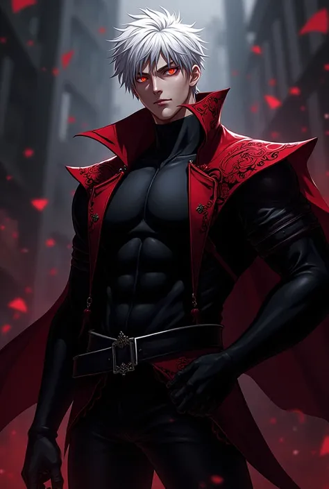 Anime adult male a bit strong with red eyes, short white hair black clothes with gothic red details