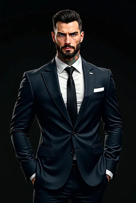  Beautiful Caucasian man muscular and tall like Superman,  with short black hair,  tattoos on his neck ,  short beard and blue eyes , Powerful 30-year-old mobster, wearing a beautiful dark and expensive suit,  standing against a dark background , graphic i...