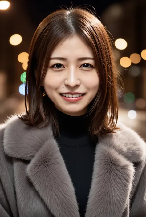  (   necklace、 black turtleneck、grey coat 、Luxurious fur mink coat、 cowgirl shot   :1.4) .   medium short hair gentle wavy hair、 、 smile、      the wind is blowing           、  SNOWS 、Fluttering Hair、   fluffy scarf  、 Sparkle in the eyes 、Strong winds、    ...