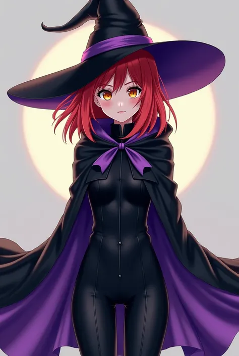 alone,  anime girl,  witch hat , Medium red hair,  golden eyes,  Clear skin,  black and purple cape ,  black clothes,  black pants.
