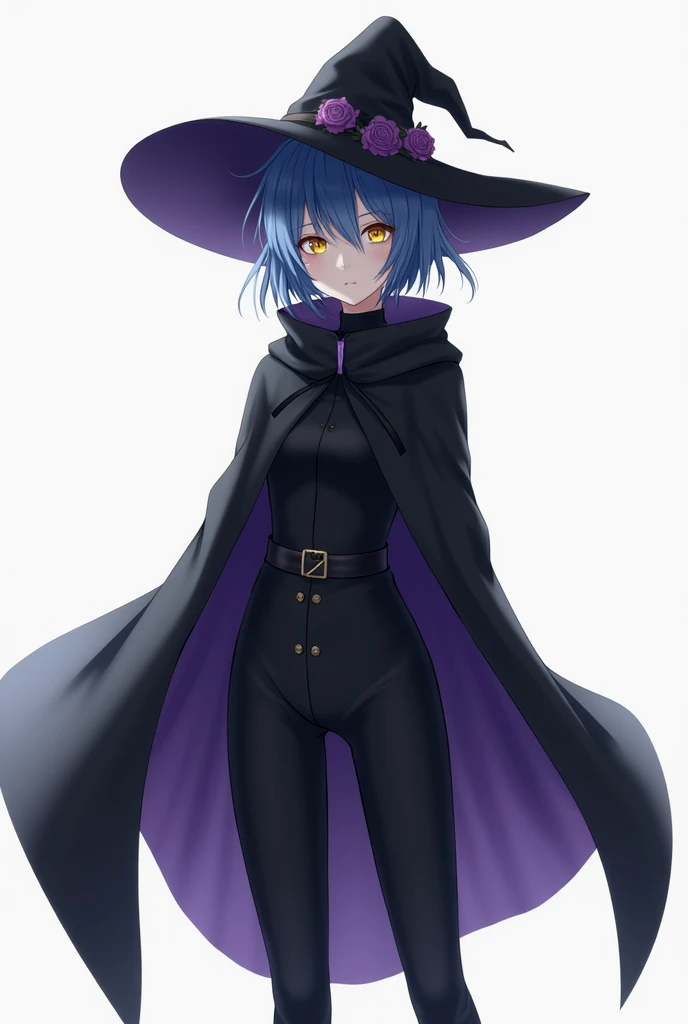 alone,  anime girl,  witch hat , Medium blue hair,  golden eyes,  Clear skin,  black and purple cape ,  black clothes,  black pants.
