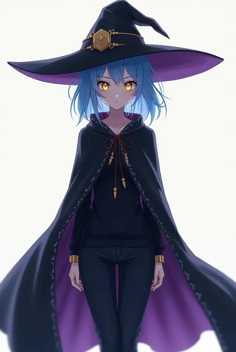 alone,  anime girl,  witch hat , Medium blue hair,  golden eyes,  Clear skin,  black and purple cape ,  black clothes,  black pants.
