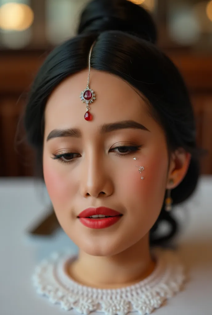 shows how much a beautiful real woman's head has been amputated, on the Table  ,dark Hair bun, bindi on forehead, wearing ear ring, Fine dining table , ((  eyes closed  )), realistic, 4K, NIKON, , Public Market, realistic nose holes and skin,slender nut-sh...