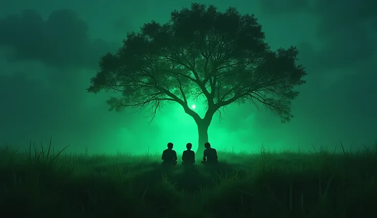 Three young Thai hunters Sitting at the mall, trapping and shooting animals On a wild mango tree in the middle of a grass field Three strange green lights appeared. It was like a ghost floating above that mango tree. Until everyone had to stare in shock.