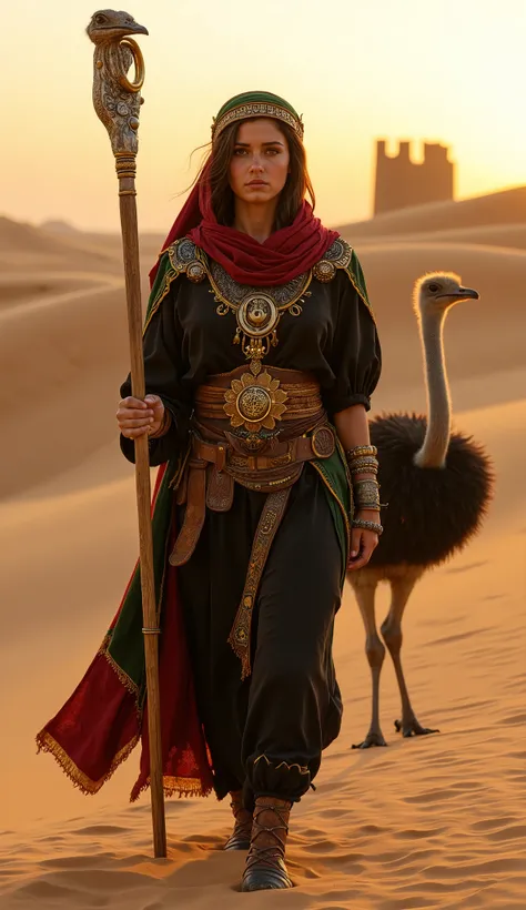 A stunning 20-year-old Libyan mage warrior walks forward with confidence, her piercing eyes radiating wisdom and strength. She wears a traditional head covering, draped elegantly over her braided dark hair, adorned with silver amulets and Tuareg symbols fo...