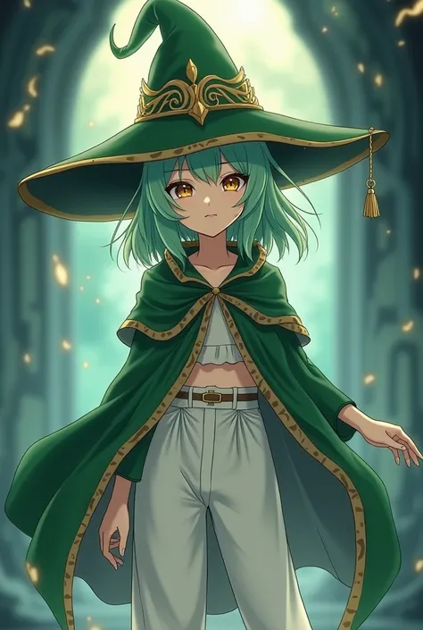 alone,  anime girl, green witch hat, medium green hair ,  golden eyes,  Clear skin,  green and gold cape , white clothes,  white pants .
