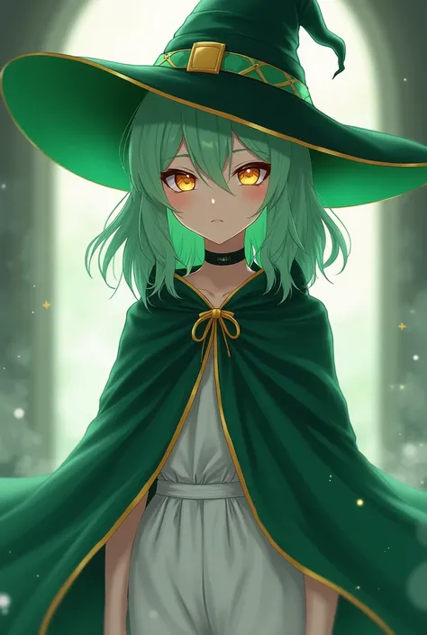 alone,  anime girl, green witch hat, medium green hair ,  golden eyes,  Clear skin,  green and gold cape , white clothes,  white pants .
