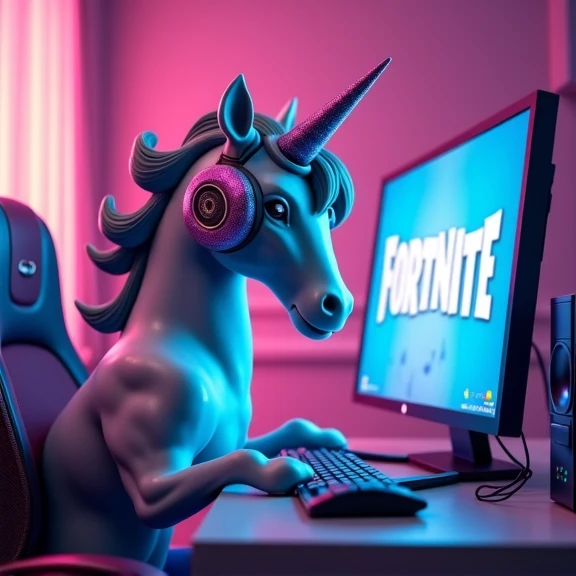 Make a logo of a unicorn with headphones playing fortnite on a pc