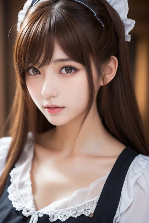 highest quality, masterpiece, 8k, Ultra-high resolution, (Realistic: 1.4), 1 girl, Beautiful Face, Symmetrical eyes, big, Perfect Body Proportions, ((Long Hair))、((Brown Hair:1.5)), Maid、((ゴスロリ風Maid服:1.4)), Viewer&#39;sight, ((Coffee shop、Blurred Backgroun...