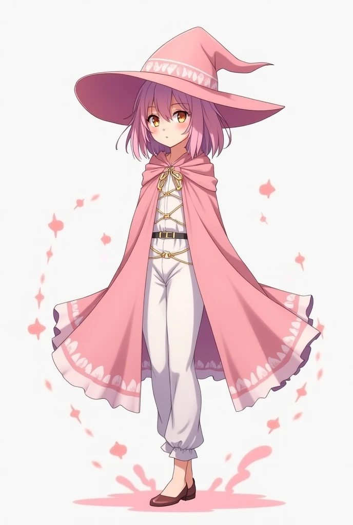 alone,  anime girl,  pink witch hat,  medium pink hair ,  golden eyes,  Clear skin, pink cape , white clothes,  white pants .
