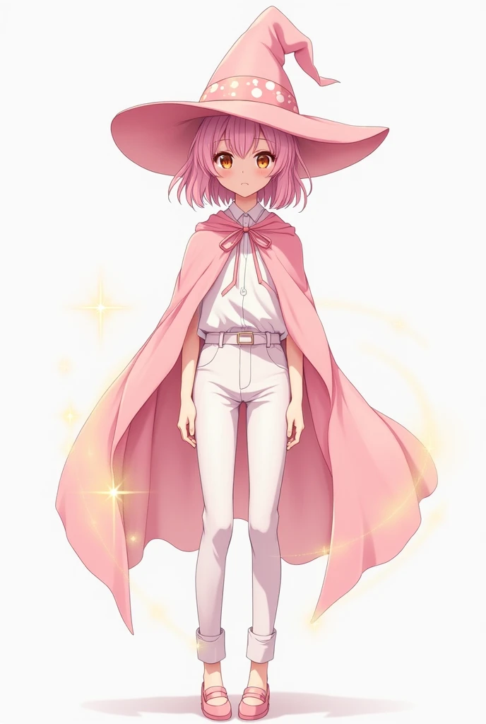 alone,  anime girl,  pink witch hat,  medium pink hair ,  golden eyes,  Clear skin, pink cape , white clothes,  white pants .
