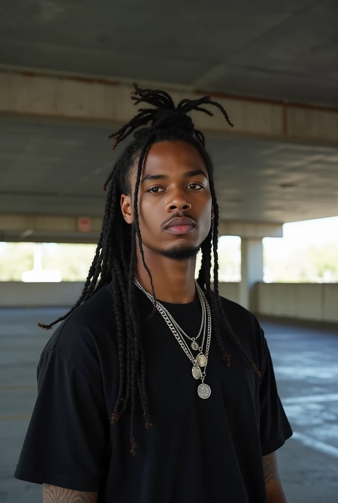 arafed man with a black shirt and a necklace in a parking garage, taken in the early 2020s, long braided hair on top of head, xxxtentacion, 18 years old, high quality portrait, slick hair, miles johnstone, a black man with long curly hair, white black fade...