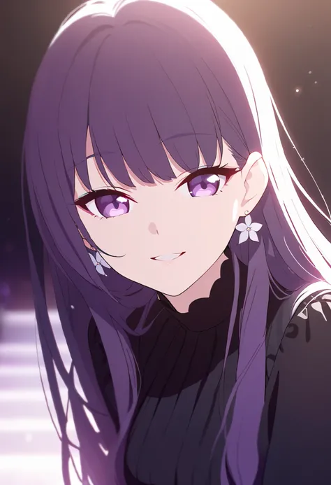 One girl、Beautiful pale violet eyes、Violet Hair Long Hair、Long Hair、White flower earrings and hair accessories、Smiling expression、smile、Eye highlights、Black solid color dress、、Gazing at the audience、Perfect Face、Pretty girl、Navy blue solid background、Dark ...