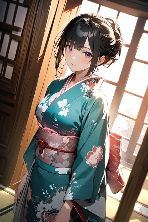 1 gentlewoman, (charming face), in her 30s, (astonished look), (kimono with floral patterns:1.2), medium breasts, poised demeanor, 
BREAK 
traditional Japanese setting, (omiai event:1.4), wooden beams, tatami flooring, surprising companion, diffused lighti...