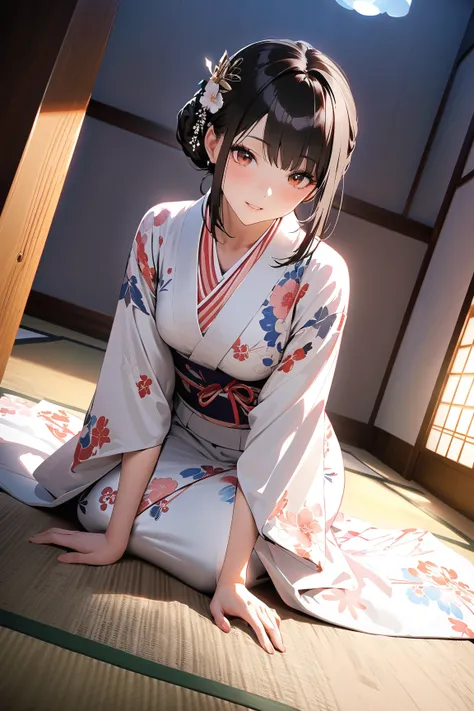 1 gentlewoman, (charming face), in her 30s, (astonished look), (kimono with floral patterns:1.2), medium breasts, poised demeanor, 
BREAK 
traditional Japanese setting, (omiai event:1.4), wooden beams, tatami flooring, surprising companion, diffused lighti...