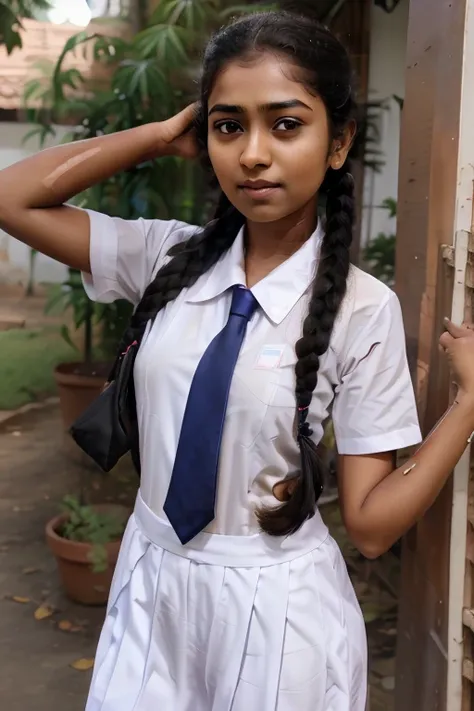 Realistic south Indian very young petite lean school girl wearing very short ,realistic skin