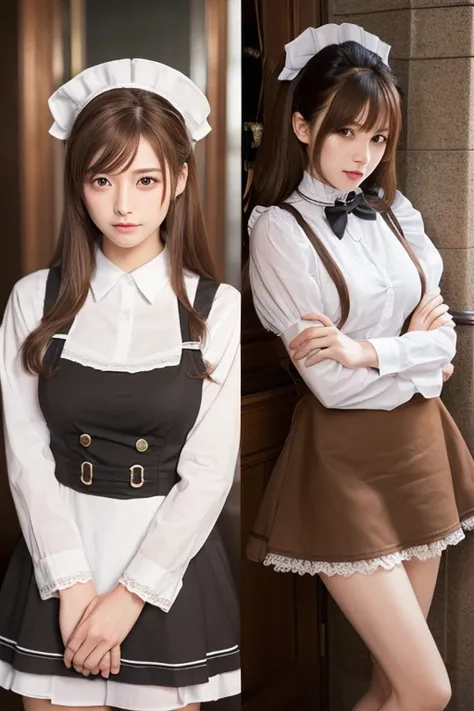 highest quality, masterpiece, 8k, Ultra-high resolution, (Realistic: 1.4), 1 girl, Beautiful Face, Symmetrical eyes, big, Perfect Body Proportions, ((Long Hair))、((Brown Hair:1.5)), Maid、((ゴスロリ風Maid服:1.4)), Viewer&#39;sight, ((Coffee shop、Blurred Backgroun...