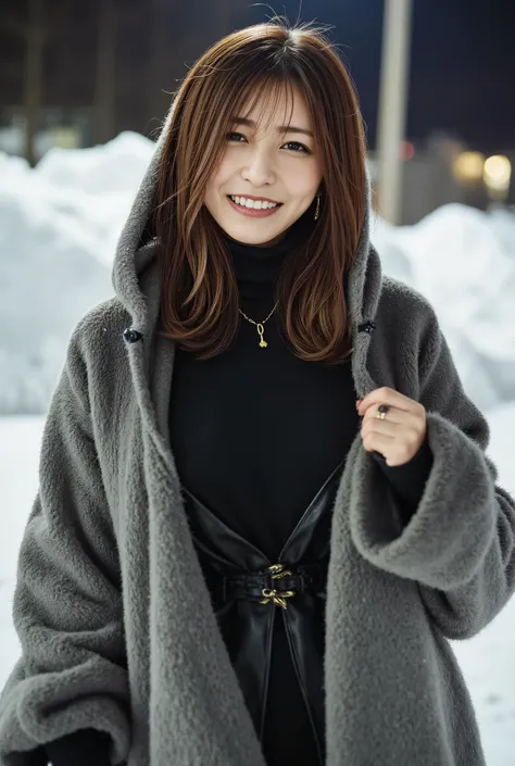  (  snow is piled up、 necklace、  black turtleneck、grey colored hooded coat、luxurious mink coat 、 cowgirl shot   :1.4) .   medium short hair gentle wavy hair、 、 smile、      the wind is blowing           、  SNOWS 、Fluttering Hair、   fluffy scarf  、 Sparkle i...