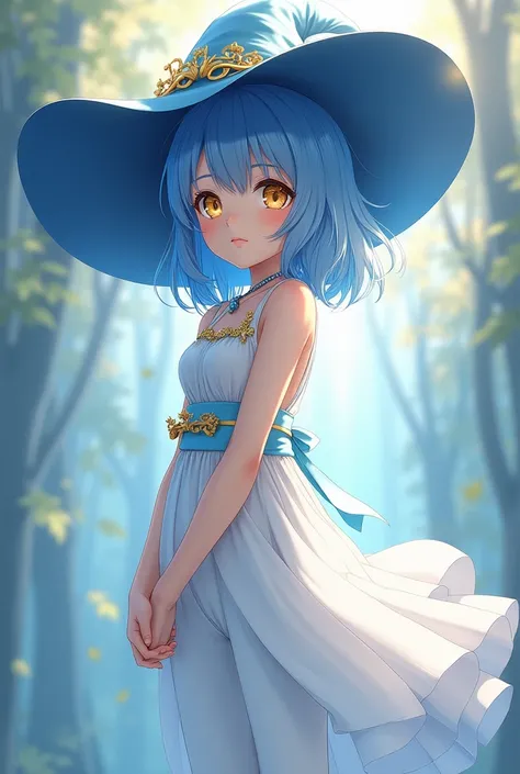 alone,  anime girl, blue witch hat, Medium blue hair,  golden eyes,  Clear skin, blue and gold cover, white clothes,  white pants .
