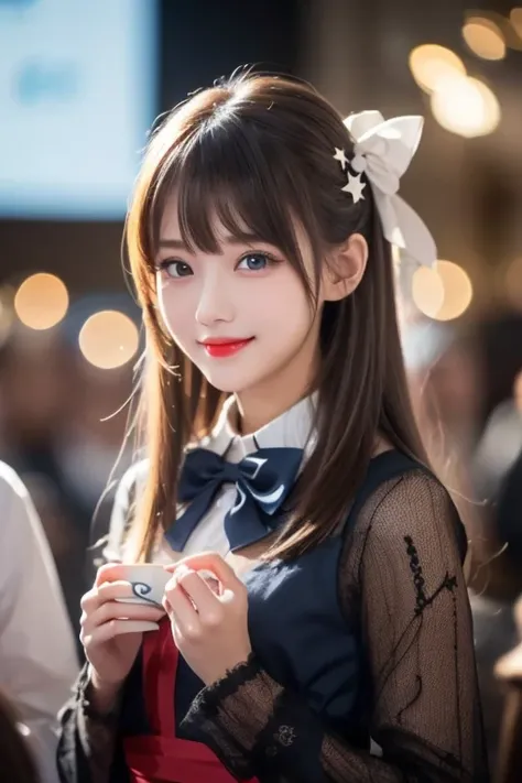 ( very delicate and beautiful: 1.2),  1 girl, bangs, blue eyes, Blur, Blur background, bow,  tea hair, shut up, Side View,  hair between eyes , hair bow,  lantern,  light particles,   long sleeve ,  watch the audience,  medium hair ,   knight , red bow, Al...