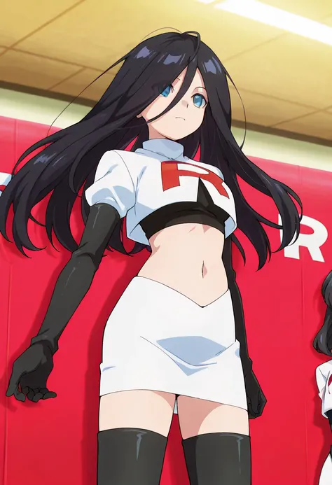 best quality, masterpiece
BREAK
1girl, natsukohirose, black hair, long hair, blue eyes,
team rocket,team rocket uniform,white skirt,red letter R,crop top,black thigh-highs,black elbow gloves, cowboy shot,
indoors