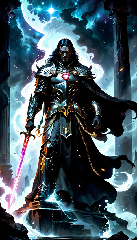  An imposing divine warrior representing Erebus ,  the personification of eternal darkness .  His black armor shines like absolute emptiness ,  reflecting like distant stars like an endless night sky .  His eyes shine with a dark light ,  conveying mystery...