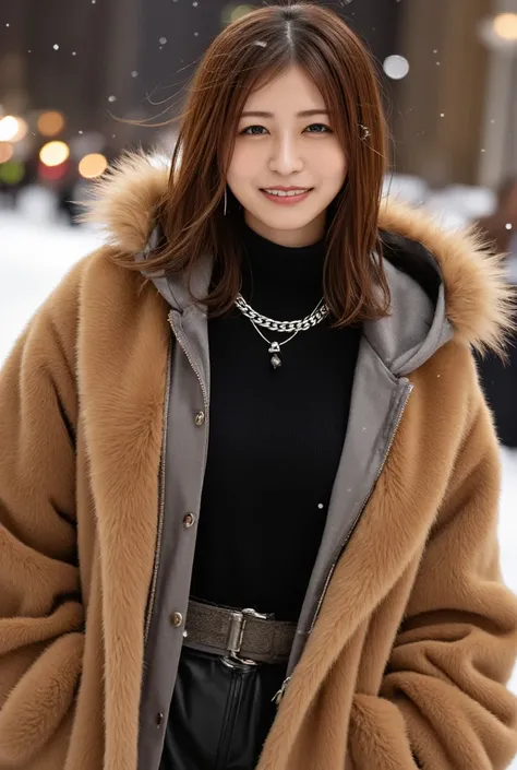  (  snow is piled up、silver small necklace 、  black turtleneck、grey colored hooded coat、luxurious mink coat 、 cowgirl shot   :1.4) .   medium short hair gentle wavy hair、 、 smile、      the wind is blowing           、  SNOWS 、Fluttering Hair、   fluffy scarf...