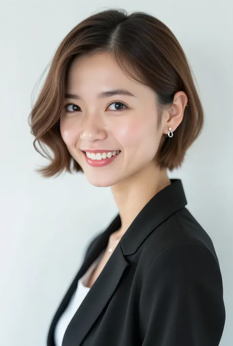 Beautiful Japanese Woman 、、 She is wearing an office lady suit、濃いeyeshadow 、Hairstyleショートカット、 Light Brown Hair 、ear piercing、   smile showing teeth、 necklace、 white backgr