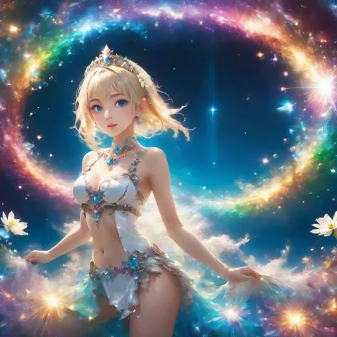 fantasy world that combines flower-punk  gem-punk, Beautiful Elf,  blond hair with straight, silky hair with sharp bangs, (attractive  seductive)  (amorous  lewd) Performance, BLUE BIG EYES,  attractive proportions , wearing white knight commer costume wit...