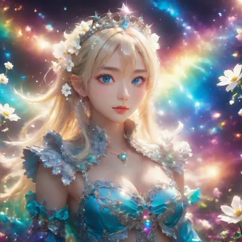 fantasy world that combines flower-punk  gem-punk, Beautiful Elf,  blond hair with straight, silky hair with sharp bangs, (attractive  seductive)  (amorous  lewd) Performance, BLUE BIG EYES,  attractive proportions , wearing white knight commer costume wit...