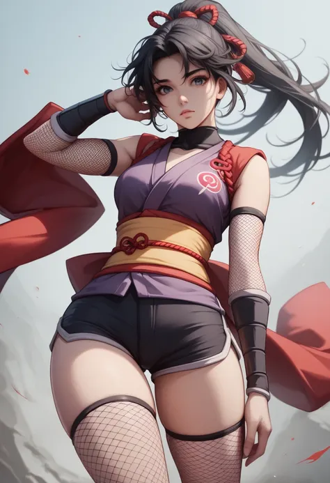 ninja Tight Set  , shorts ninja,  thigh-length fishnet socks, fishnet sleeves , 1 ,  black hair,   ponytail ,  big boobs, high thighs, ninja,  Tight Set  ,   high resolution,  high resolution, Precise, quality, look,  perfectly highlight complex anatomical...