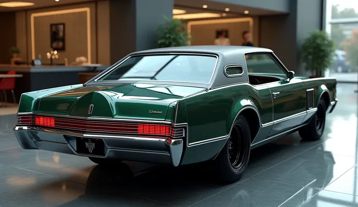 Create an ultra-detailed 3D render, of a 1971 Lincoln continental mark V with a bold design looking long  captured from straight close full rear back face view. The car should featur purplish green color with a 'lincoln logo on its rear back face a large w...