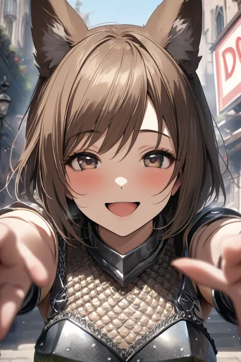 top quality, masterpiece,  Hi-Res, 8k, (1 girl ), Alone, (((face shot))),  brown short hair, Beautiful Girl with Dog Ears, In an old fantasy city,  droopy eyes , (((smile))),  Chainmail Armor , Open your hands wide and jump to the audience, Open your mouth...