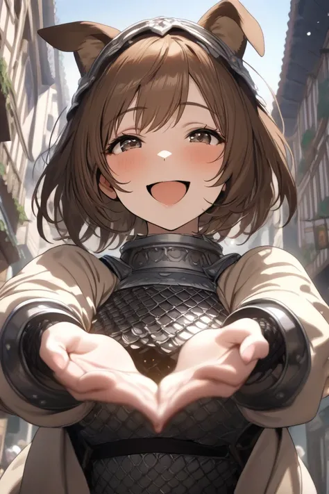 top quality, masterpiece,  Hi-Res, 8k, (1 girl ), Alone, (((face shot))),  brown short hair, Beautiful Girl with Dog Ears, In an old fantasy city,  droopy eyes , (((smile))),  Chainmail Armor , Open your hands wide and jump to the audience, Open your mouth...