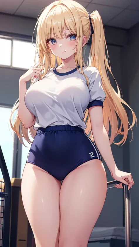 (masterpiece、highest quality、detail))、one girl、 that improves white space 、long blonde wave hair、Naughty smile、、(( big breasts))、(( gym uniform at the sports square))、Short sleeve、fixing bloomers,((Thick waist))、 thighs、kneel、 with your back turned to the ...