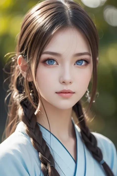 (Masterpiece),  woman in high resolution Hanfu, Faces of Europe and America,  PERFECT FACE IN DETAILS,  Long Golden Hair, blue eyes,  very attractive .