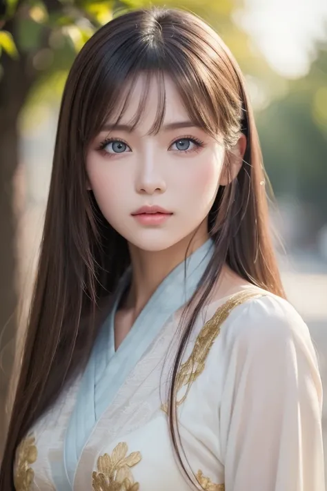 (Masterpiece),  woman in high resolution Hanfu, Faces of Europe and America,  PERFECT FACE IN DETAILS,  Long Golden Hair, blue eyes,  very attractive .