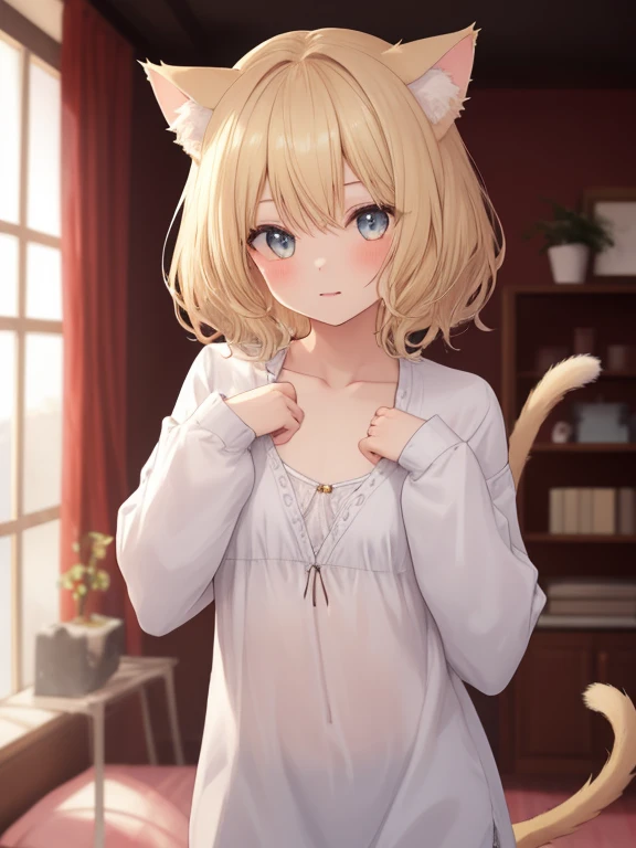  Hi-Res, accurate,  blonde, 1 girl, Cat ears,  cat pose with thin hair, cute,chest, 