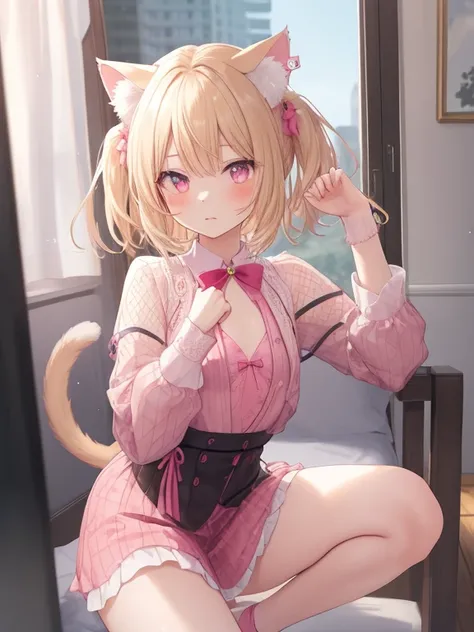  Hi-Res, accurate,  pink mesh, blonde, 1 girl, Cat ears,  cat pose with thin hair, cute,chest, 