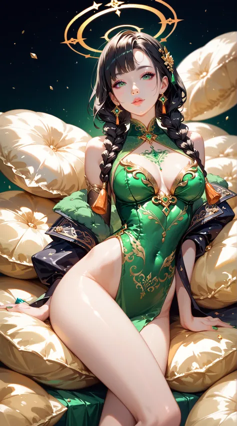  A detailed digital painting ， depicts a young woman with a heavenly halo ， skin with delicate white skin ， dark hair high altitude combed with intricate braids ， eyes show intense magic 。 Her elegant posture And the action 。 She wears a flowing green silk...