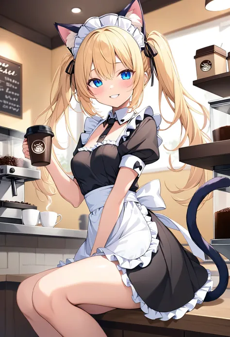    one girl、 blonde、Blue Eyes、Cat ears、 cat's tail、  Tiny Breasts 、  twin tails、Have a bright smile 、  maid clothes、 coffee shop、 coffee、to have a bright smile 、like々New Appearance、 short、 Seductive Thighs 