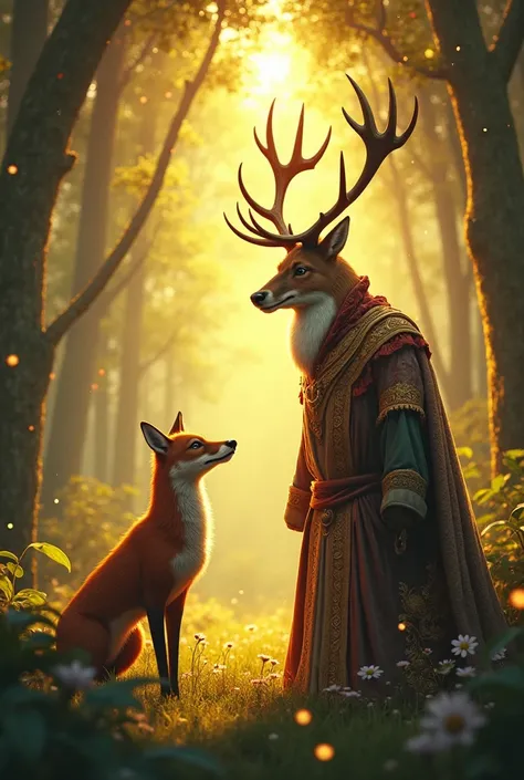 In a beautiful forest with many trees a fox is standing talking to a huge, muscular ruffed deer wearing the king's robe under a golden sky of magical sunshine. 