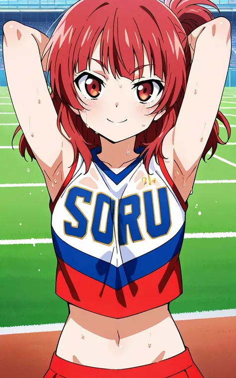 score_9, score_8_up, score_7_up, source_anime, anime screencap, 1girl, solo, Anri Teieri, red hair, eyebrows, red eyes, medium hair, hair bang, bare shoulders, red cheerleader outfit, sleeveless, arms behind head, armpits, looking at viewer, head towards v...