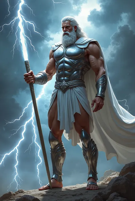 Zeus holds a lightning bolt, skinny, silver armor, sandal, mythology