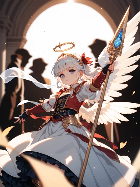 very detailed,  high quality, HD model,  tall details , 
Shine,  Lines of movement,  Lens Flash,  depth of field, Backlighting, Silhouette,  Lines of speed ,  a girl,  armed metallic gold , golden spear gun , garments debriolantealas , of angel , ,  wings ...