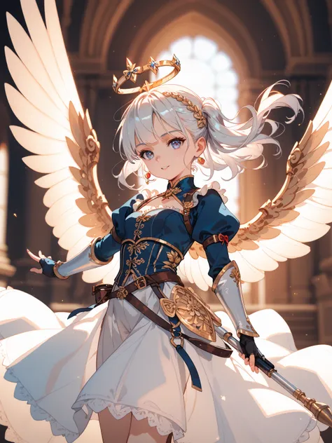 very detailed,  high quality, HD model,  tall details , 
Shine,  Lines of movement,  Lens Flash,  depth of field, Backlighting, Silhouette,  Lines of speed ,  a girl,  armed metallic gold , golden spear gun , garments debriolantealas , of angel , ,  wings ...