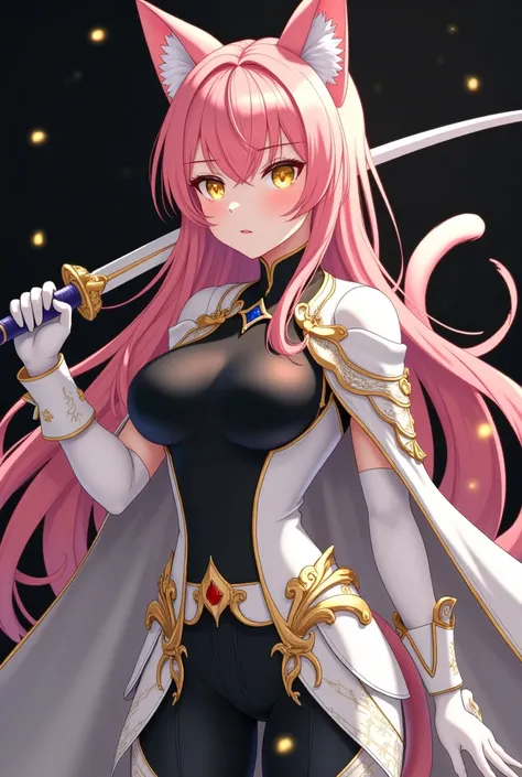 ( artwork,  top quality,  thong,  official art ,  beautiful and aesthetic :1.2)  female, Cat girl from anime,  pink cat ears ,  long pink spiked hair,  golden eyes,  white and gold armor, wearing white cape, black and gold , black t-shirt and pants , pink ...